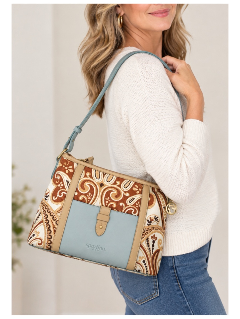 Spartina 449 Daufuskie Island Canvas Brown Paisley Handbag Blue Leather Trim
